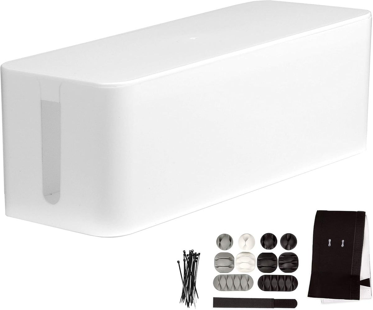 Cable Management Box with Dark Wood Top and White Cord Organizer U814