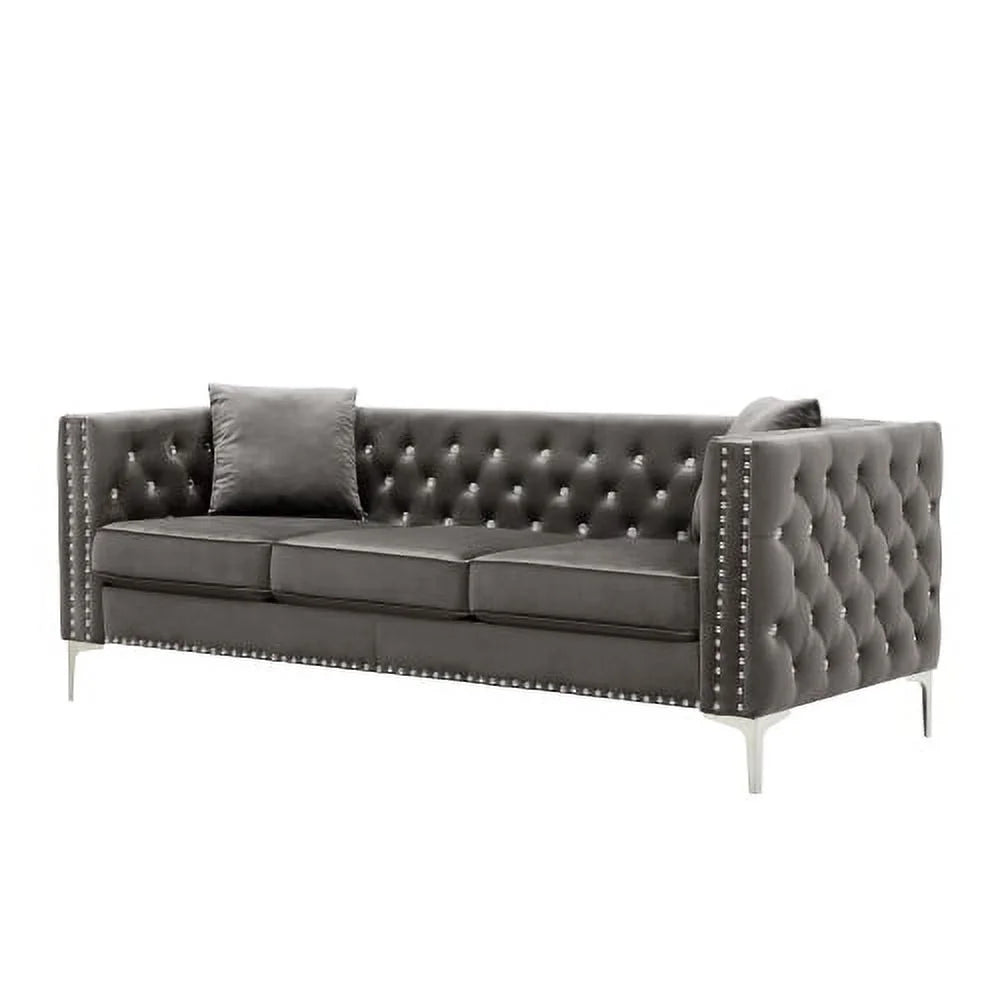 Grey Velvet Sofa with 2 Pillows I38849