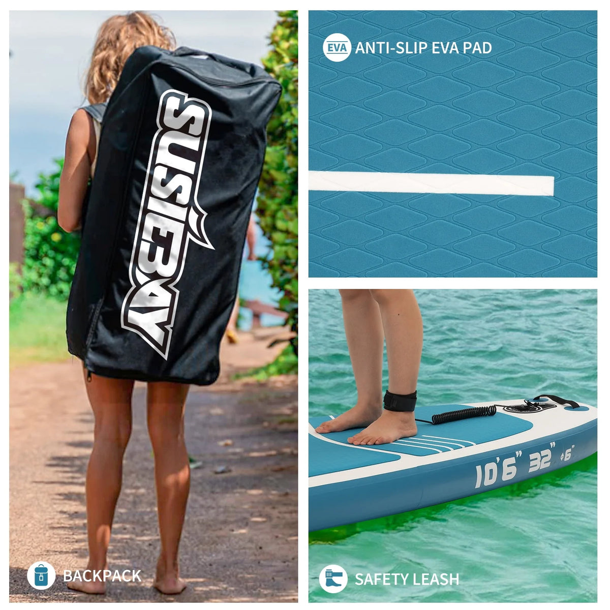 Inflatable Stand Up Paddle Board with Backpack, 10'6" 11ft Black Non-Slip Deck B21540