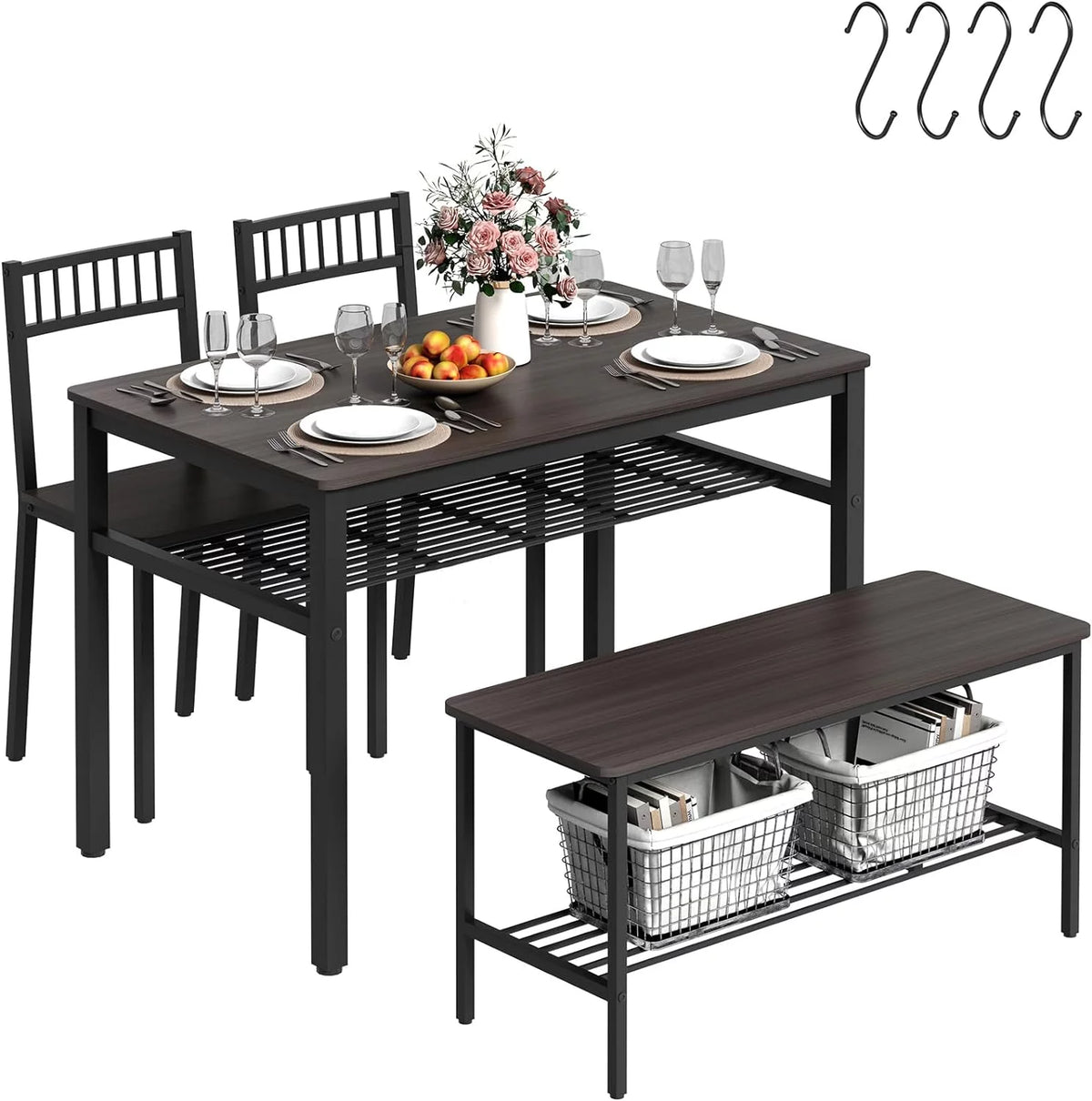 Kitchen Table and 2 Chairs with Bench Brown I8851