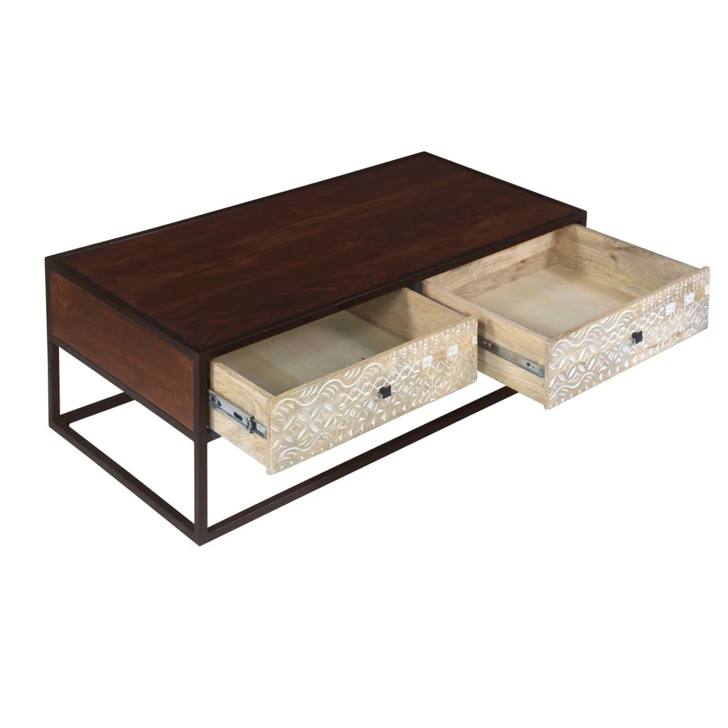 45 Inch Mango Wood Coffee Table with Metal Frame and 2 Drawers Z831