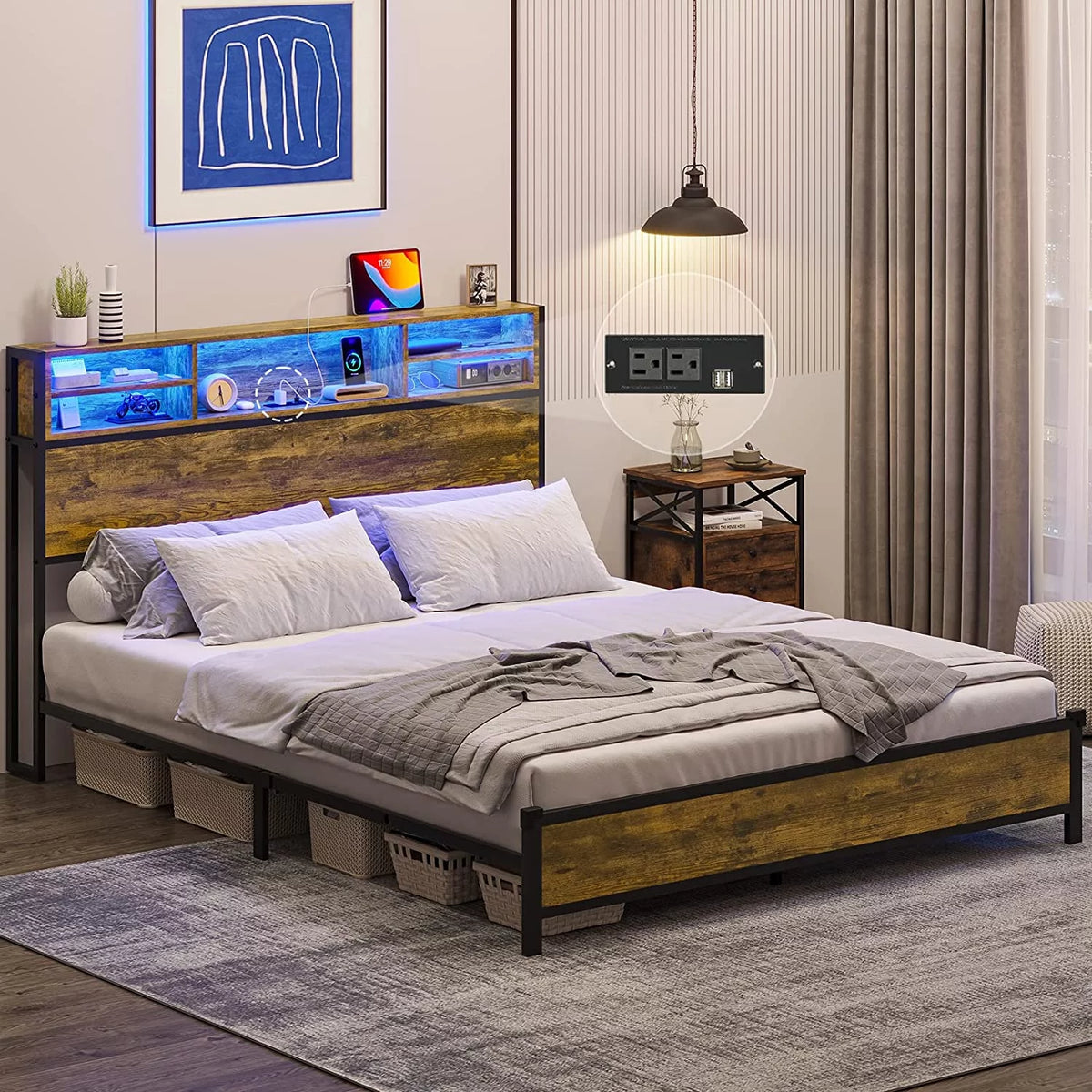 Full Size Metal Platform Bed with Storage Headboard and USB Ports D8871