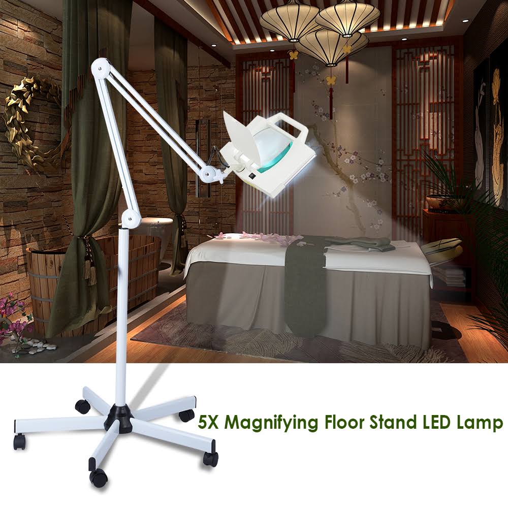 5X Magnification Rolling Floor Stand Magnifying Magnifier LED Lamp Square Salon Equipment V519