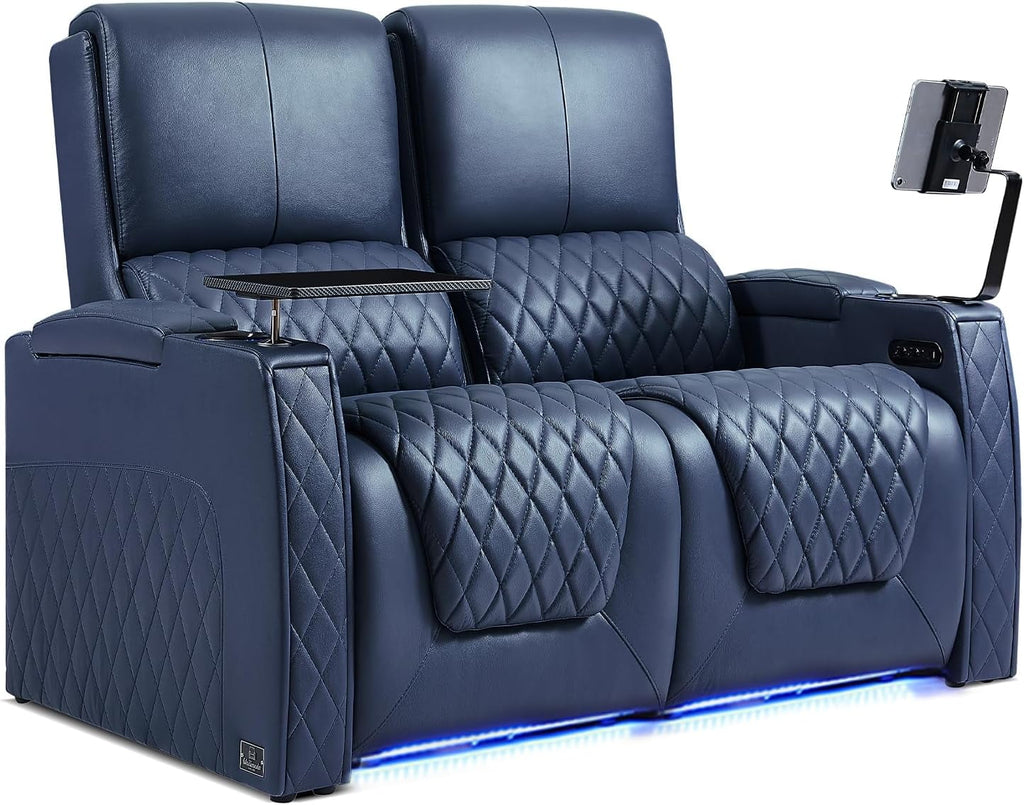 Navy Blue Top Grain Leather Power Recliner Sofa M18386
