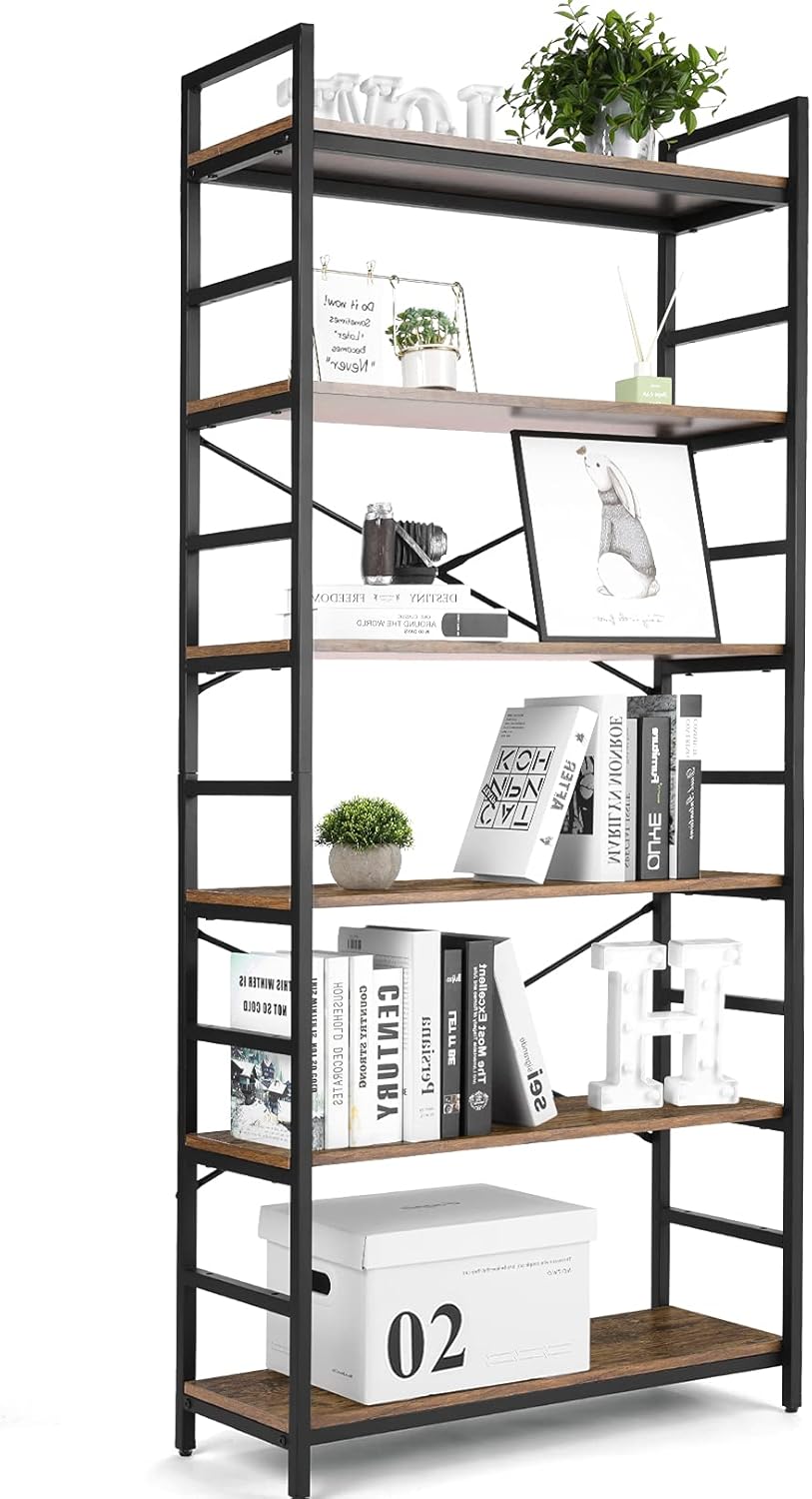 6-Tier Wood Top Bookshelf with Black Metal Frame R1415