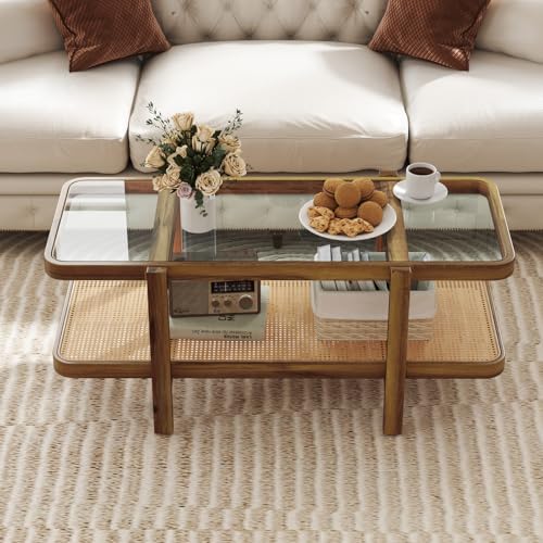 47.5" Rectangle Solid Wood Coffee Table with Tempered Glass Tabletop V9915