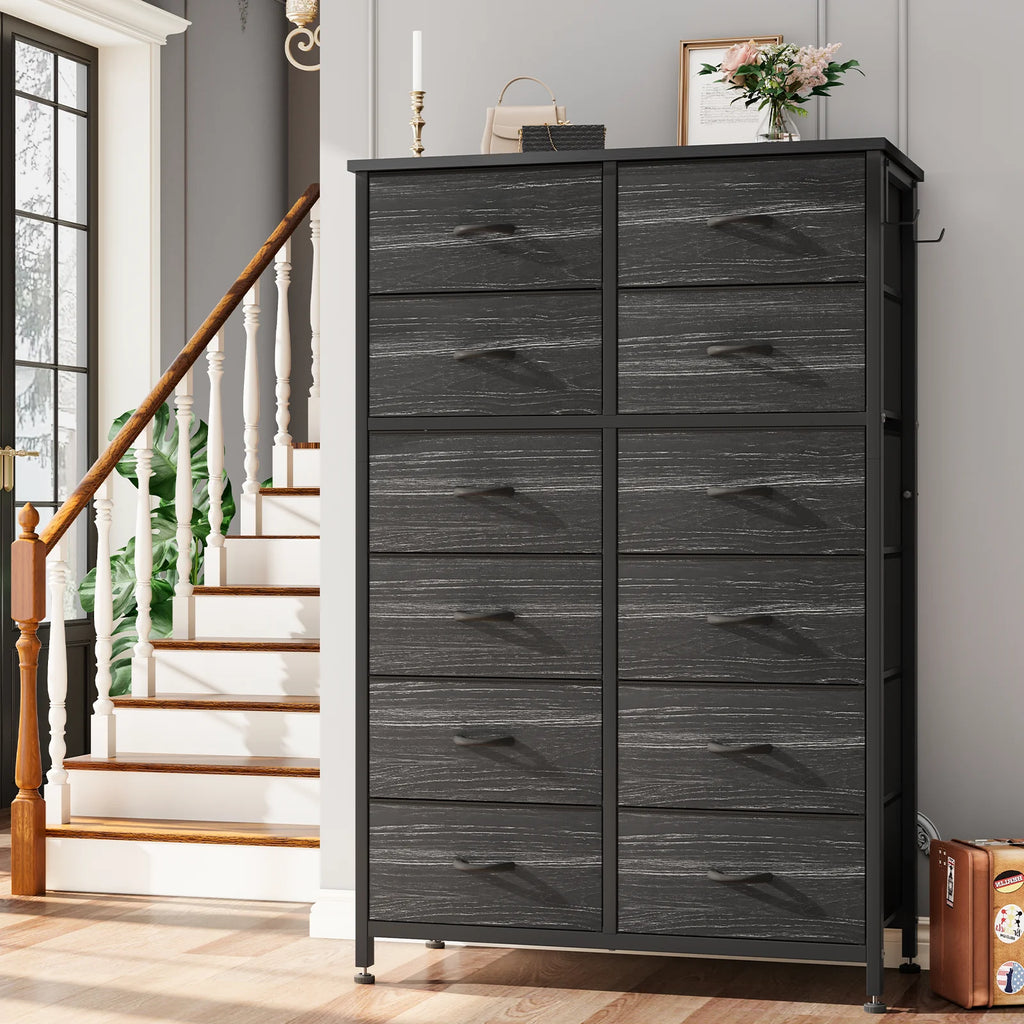12 Drawer Fabric Dresser with Steel Frame and Wooden Top A108