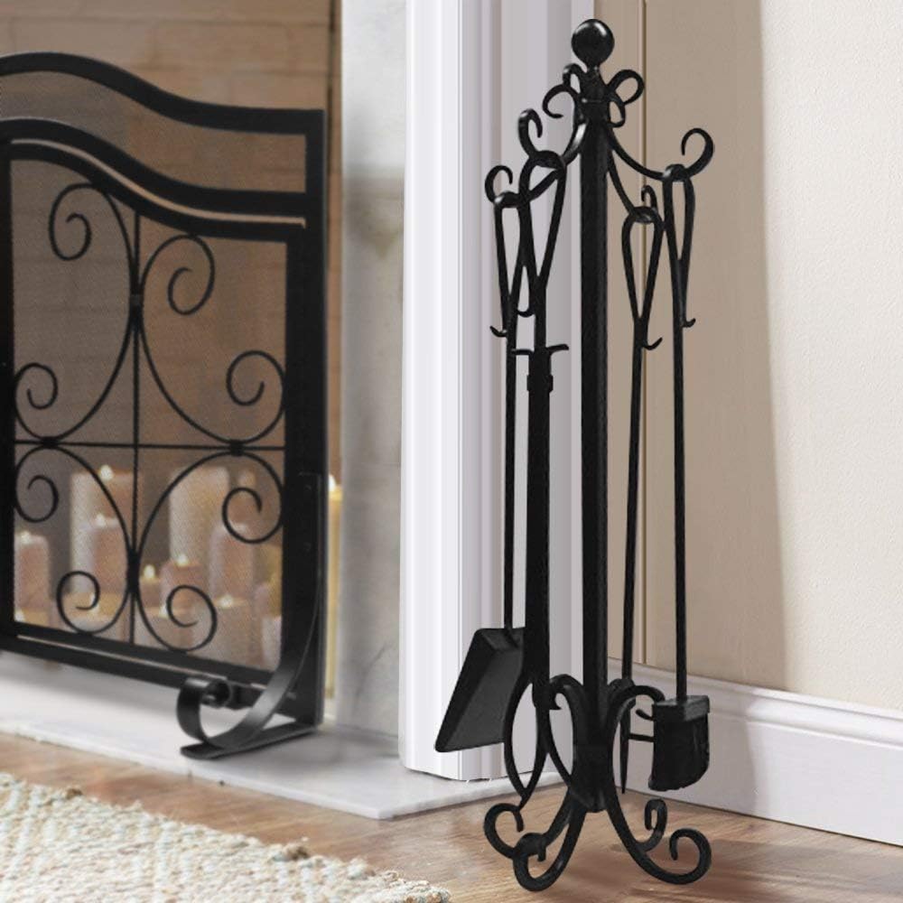 5 Pieces Cast Iron Fireplace Tools with Log Holder Black H918848
