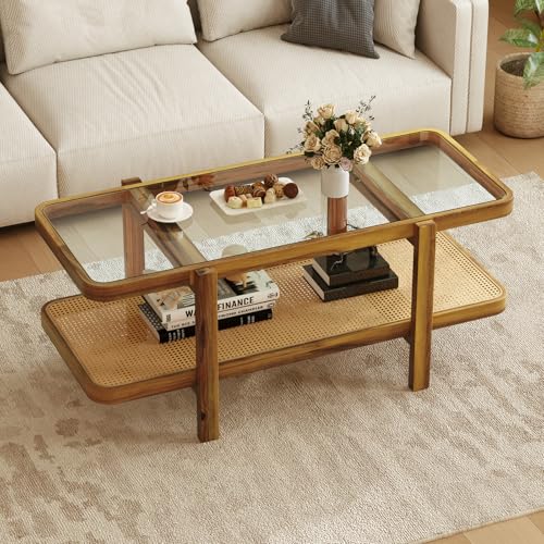 47.5" Rectangle Solid Wood Coffee Table with Tempered Glass Tabletop V9915