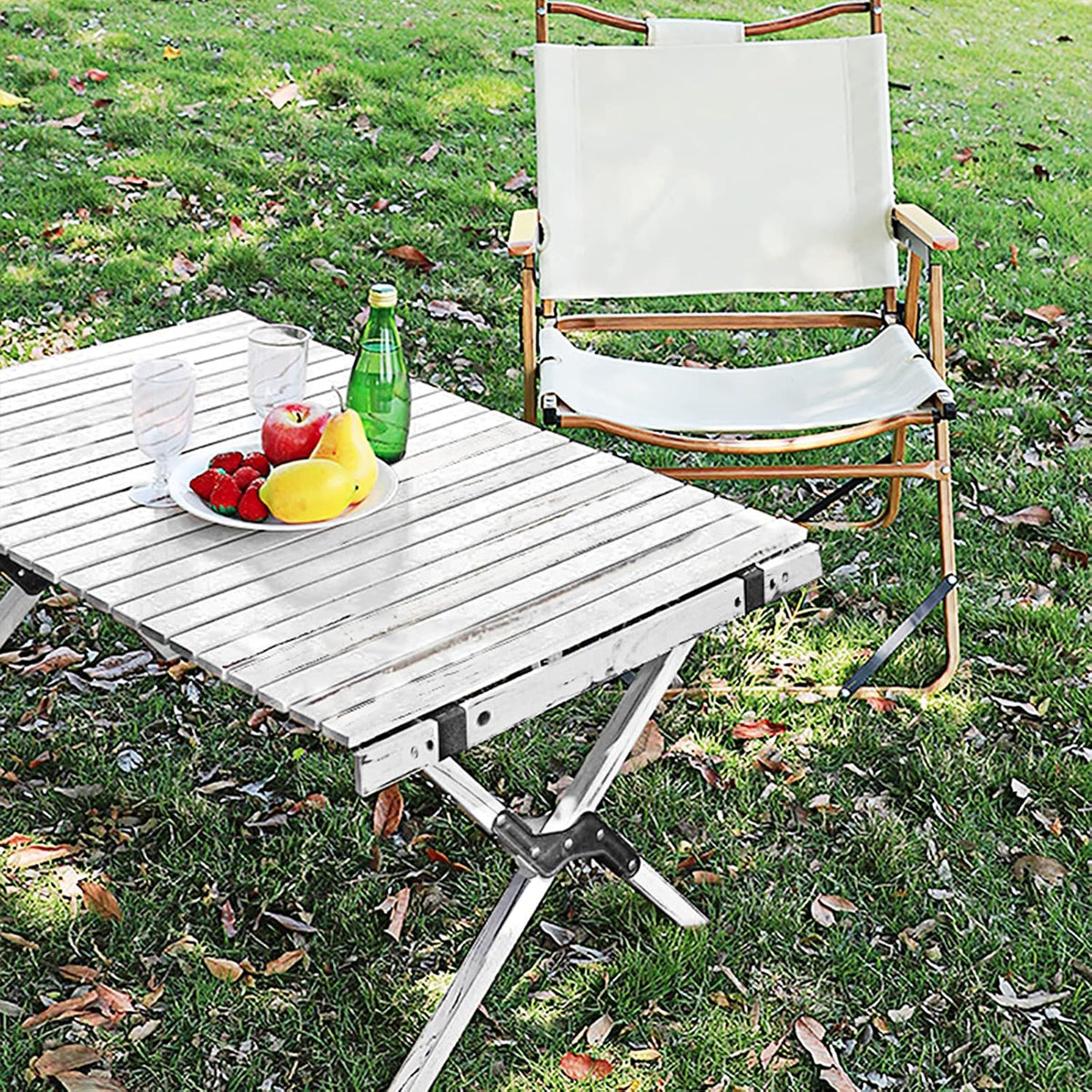 Rustic White Wood Folding Camping Table with Carrying Case X727