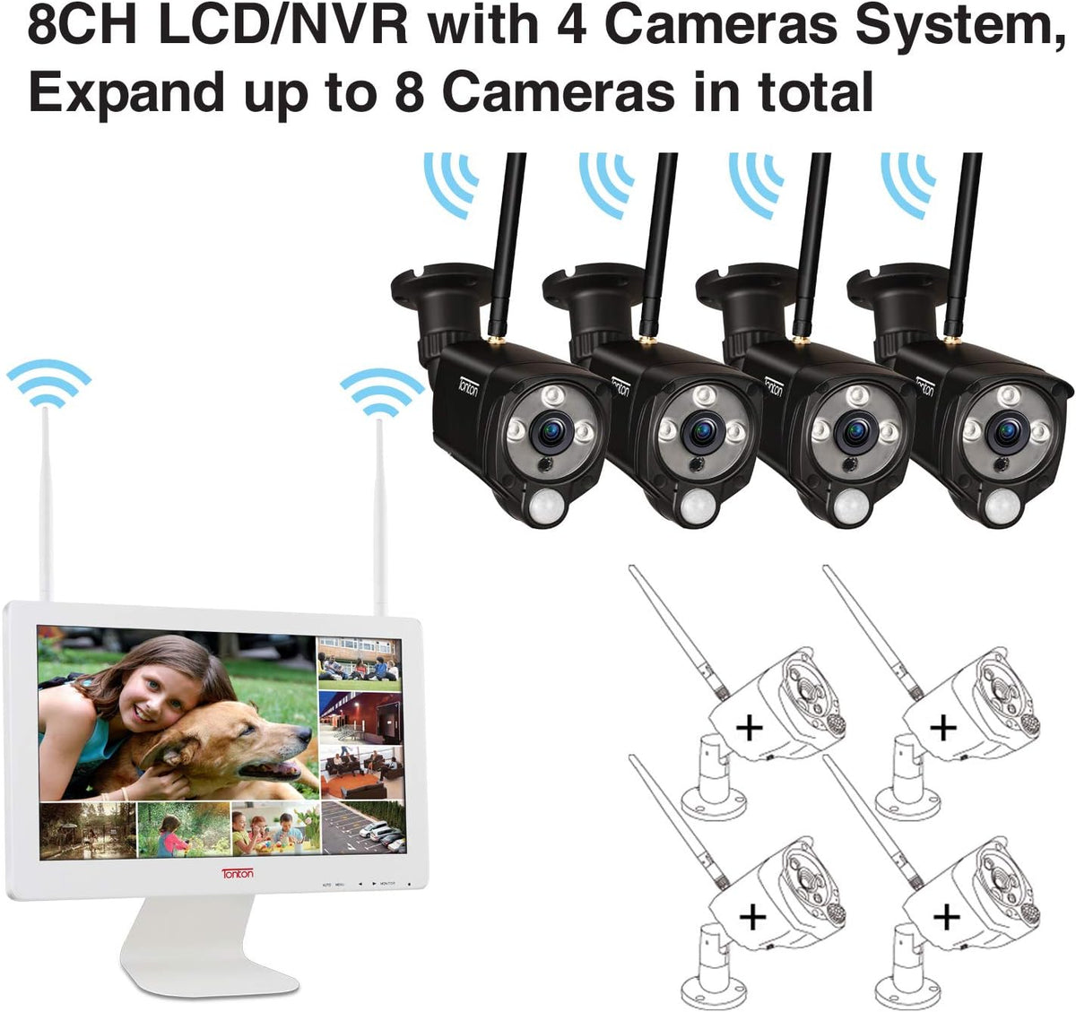 Wireless All-in-One Security Camera System with 16 Inch Monitor, 8CH WiFi NVR with 1TB HDD, 4PCS 3MP Outdoor Bullet IP Cameras with PIR Sensor, Floodlight, Black C4753