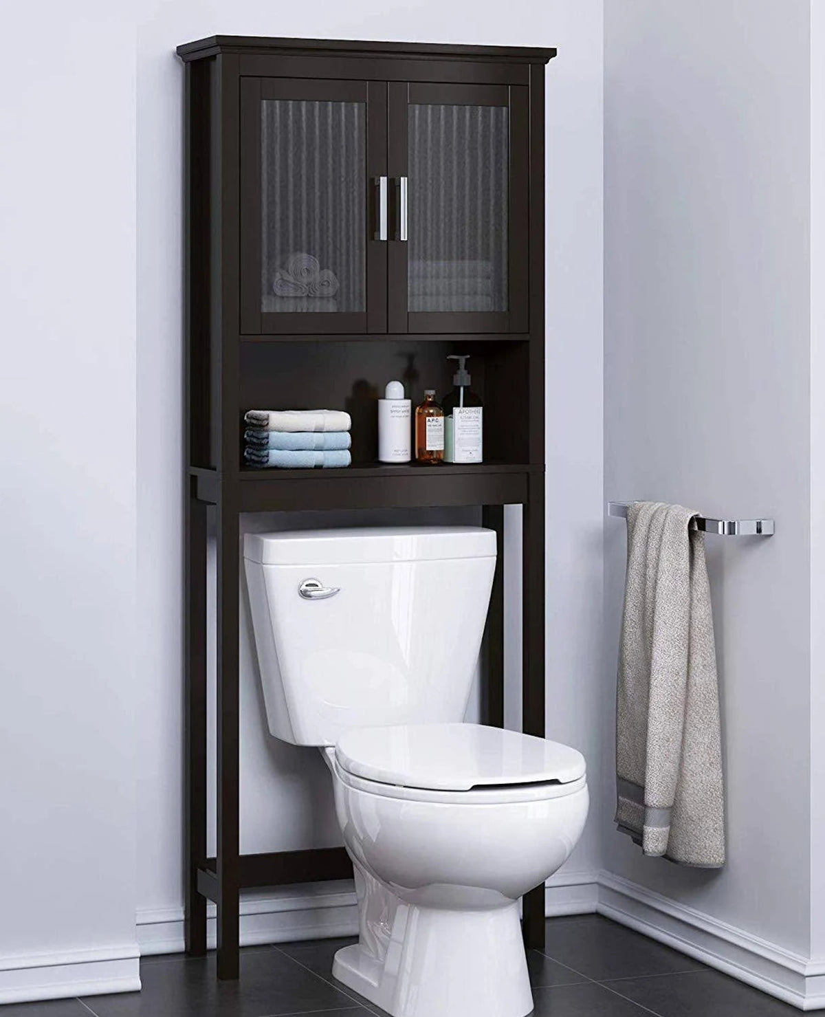 Espresso Bathroom Shelf Over The Toilet with Tempered Glass Door C57719