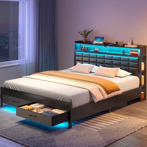 Black Full Size Upholstered Platform Bed Frame with Storage Headboard and 2 Drawers F5279