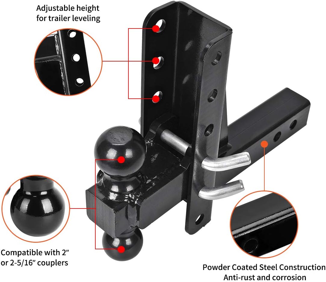 Adjustable Trailer Hitch Ball Mount, 2’’ Receiver, 8’’ Drop/Rise, Dual Balls, 10,000 lbs Capacity, Black Powder Coated Steel V1996