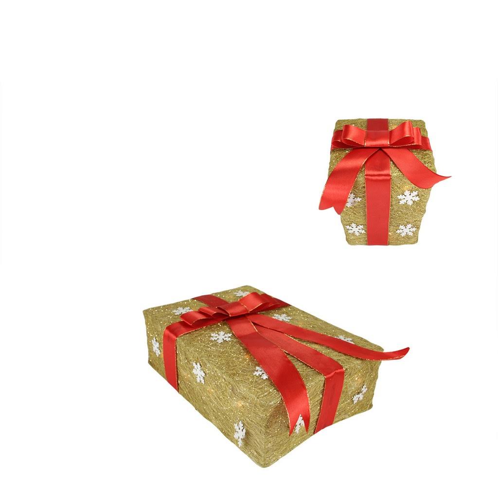 Set of 3 Gold Sisal Gift Boxes Lighted Christmas Decorations P66046