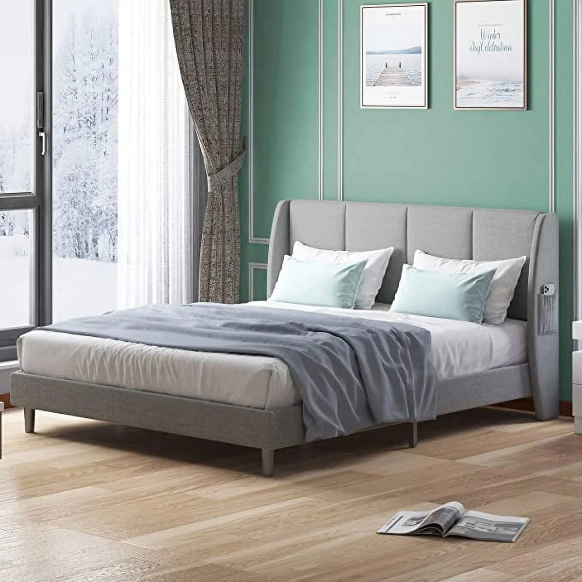 King Size Linen Upholstery Platform Bed Frame with Headboard N1784