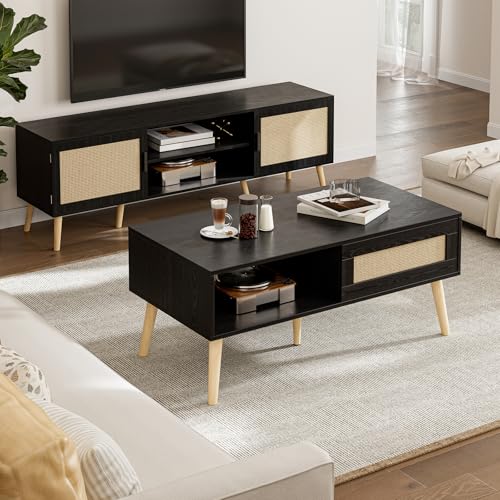 Storage Coffee Table with Rattan Drawer and Solid Wood Legs I10670