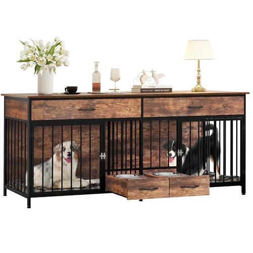 Brown Wooden Double Dog Crate TV Stand with Storage R580955