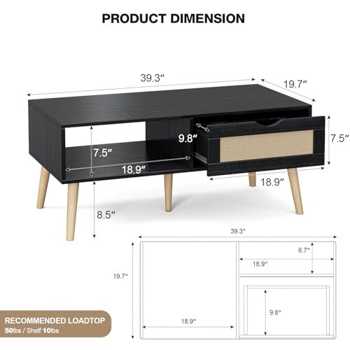 Storage Coffee Table with Rattan Drawer and Solid Wood Legs I10670