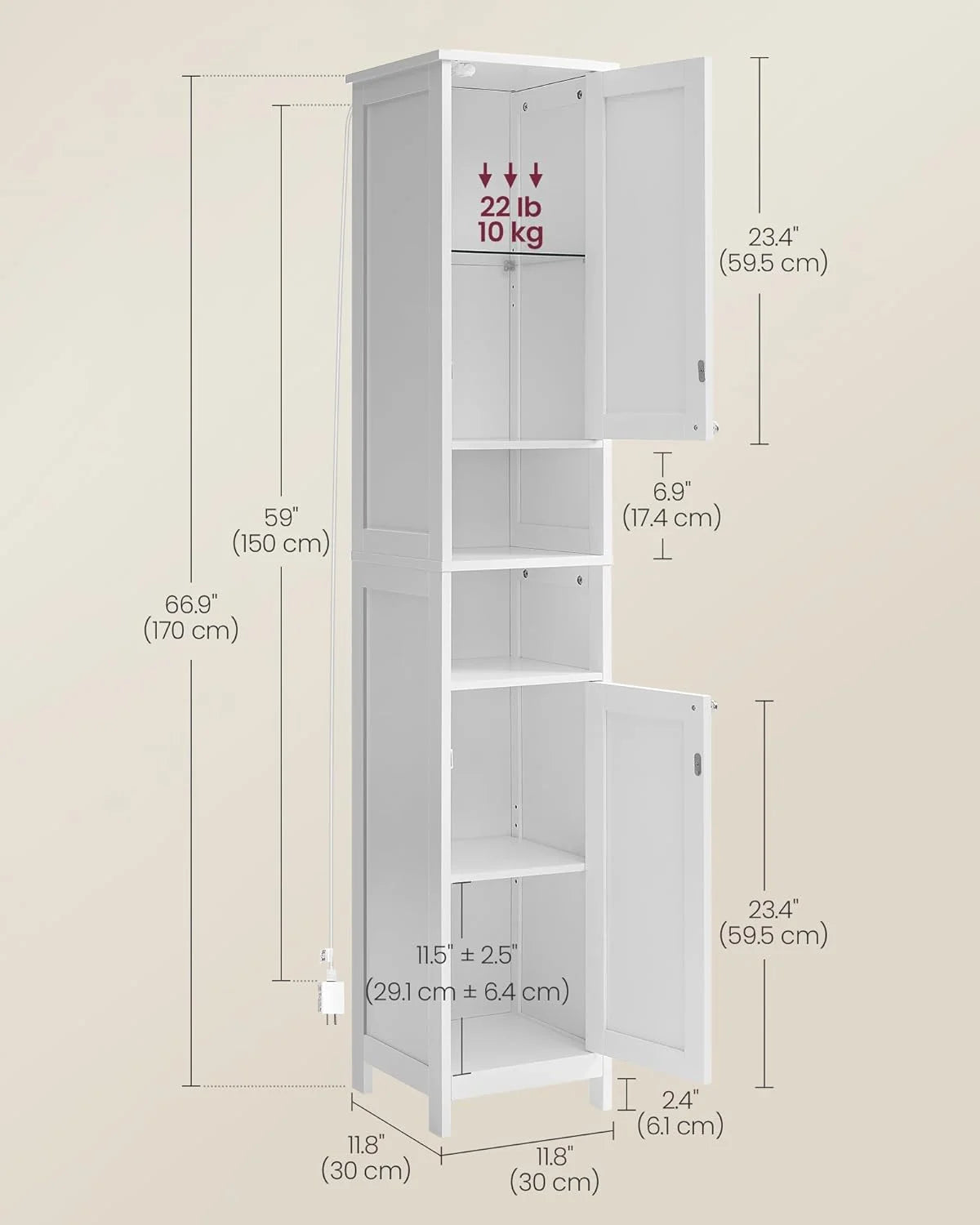 Cloud White Tall Bathroom Storage Cabinet with Adjustable Shelves V6599