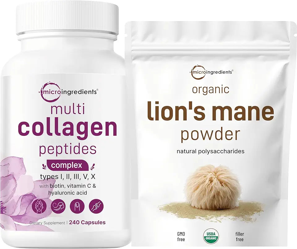 Multi Collagen Complex & Lions Mane Mushroom Supplement Powder 2 Pack T7402