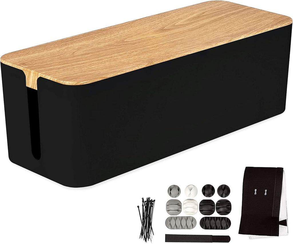 Cable Management Box with Dark Wood Top and White Cord Organizer U814