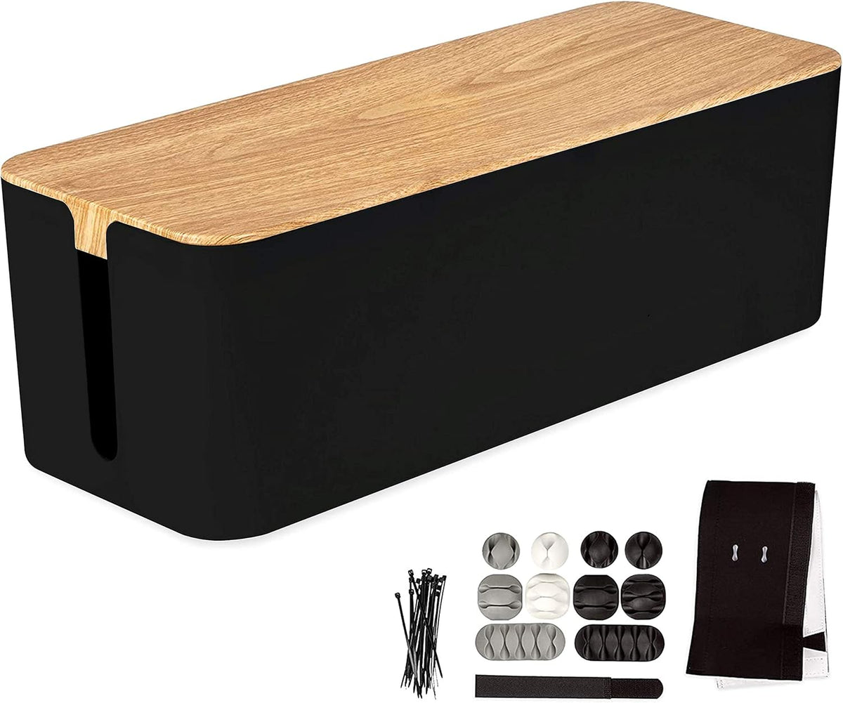 Cable Management Box with Dark Wood Top and White Cord Organizer U814