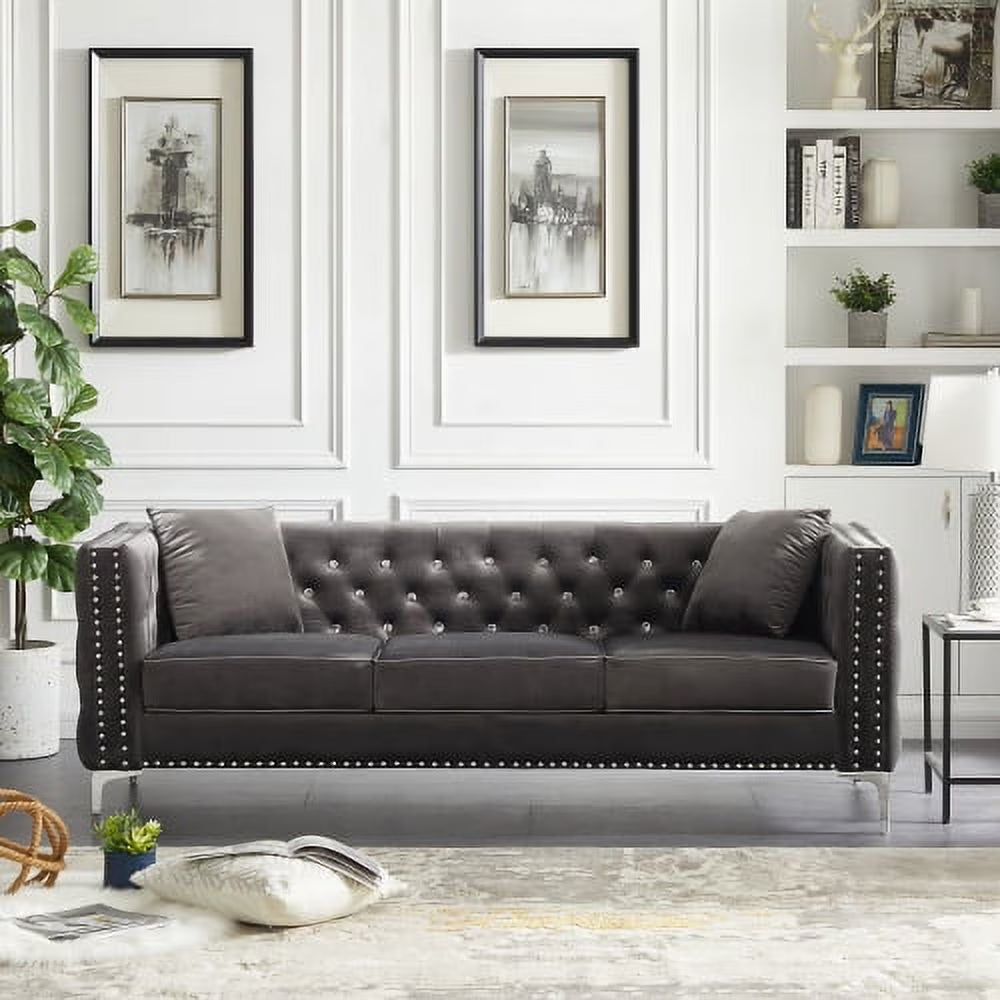 Grey Velvet Sofa with 2 Pillows I38849