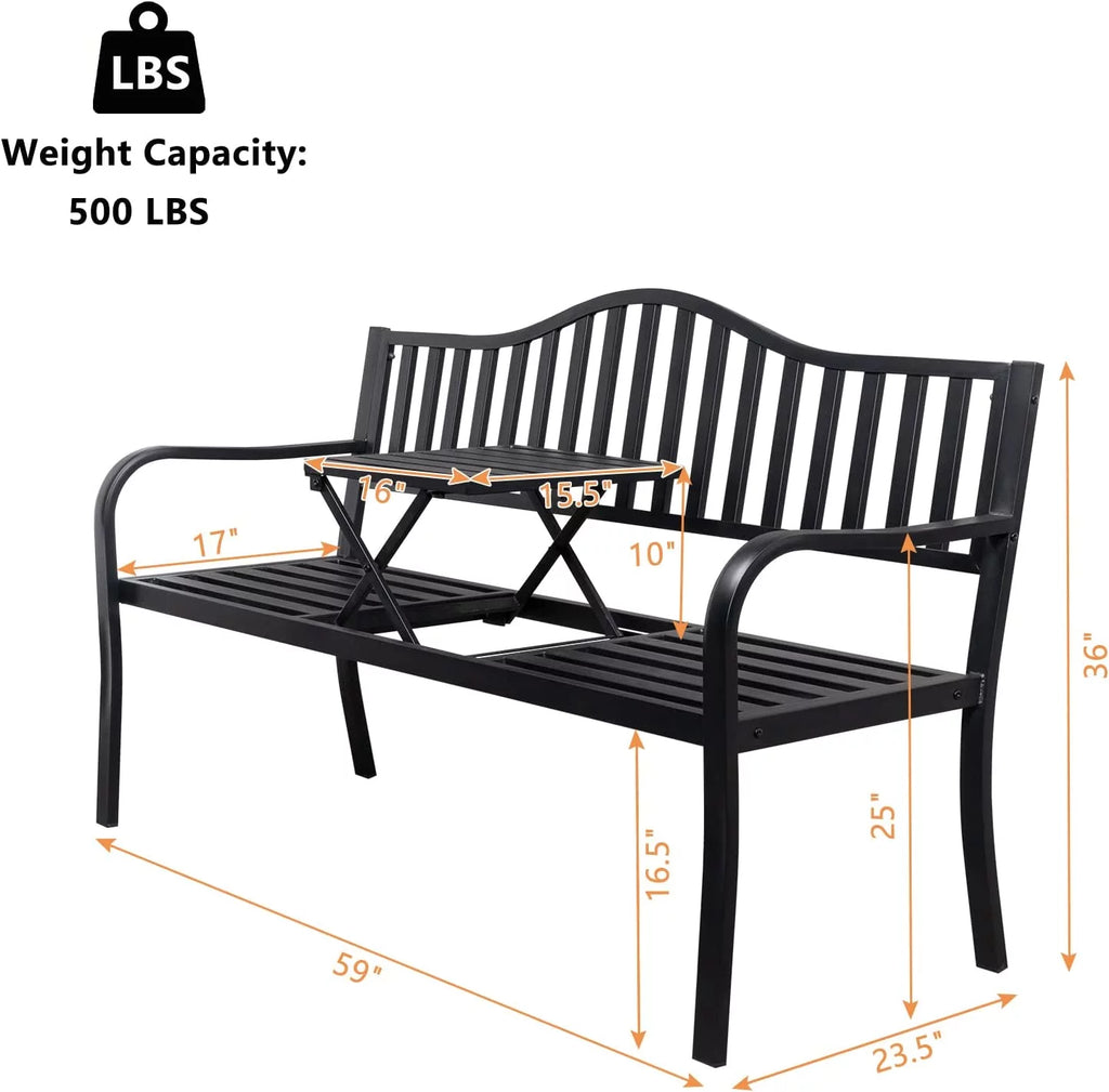 Black Outdoor Bench with Pullout Middle Table C549791