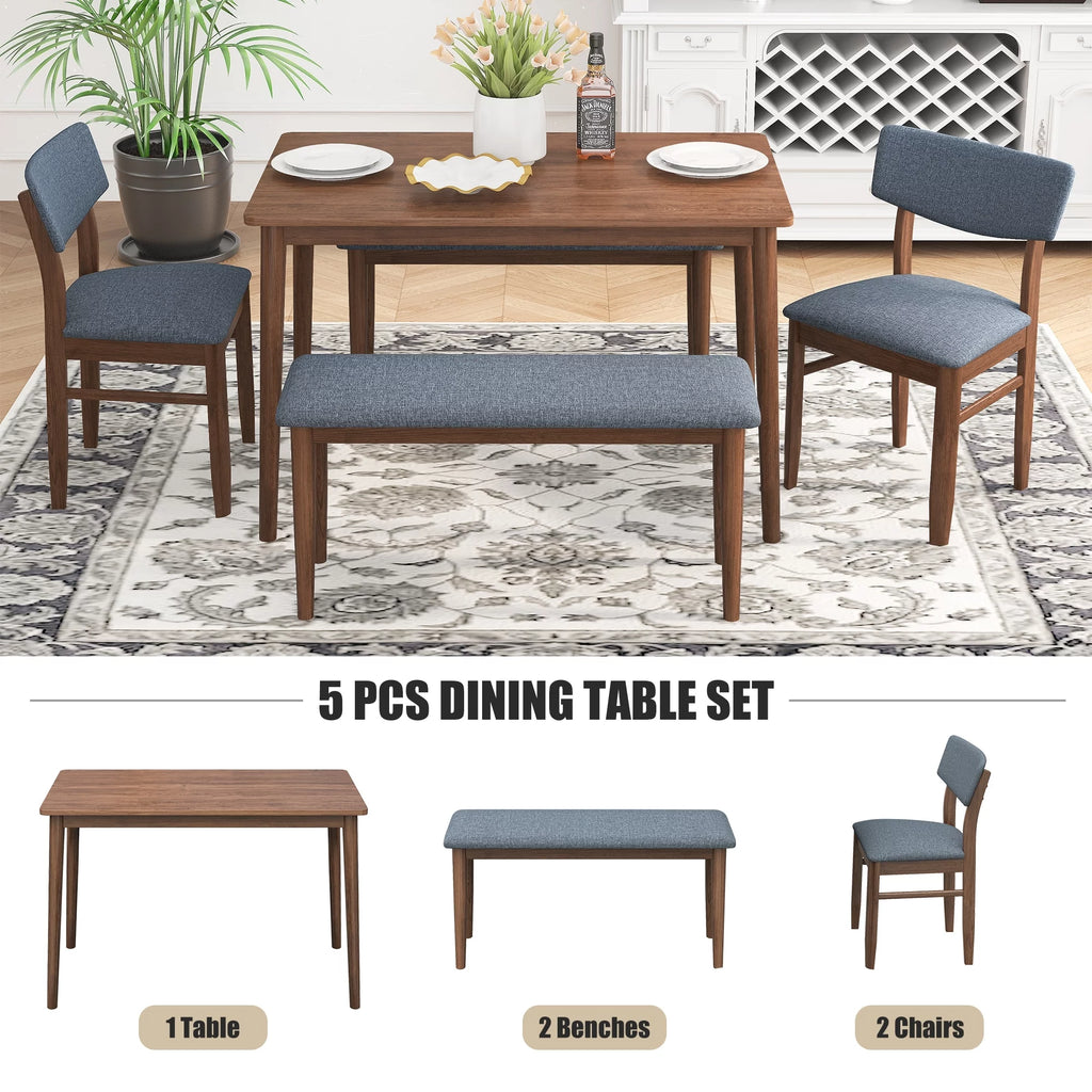 Walnut 5-Piece Dining Table Set with Grey Fabric Cushioned Chair W46546