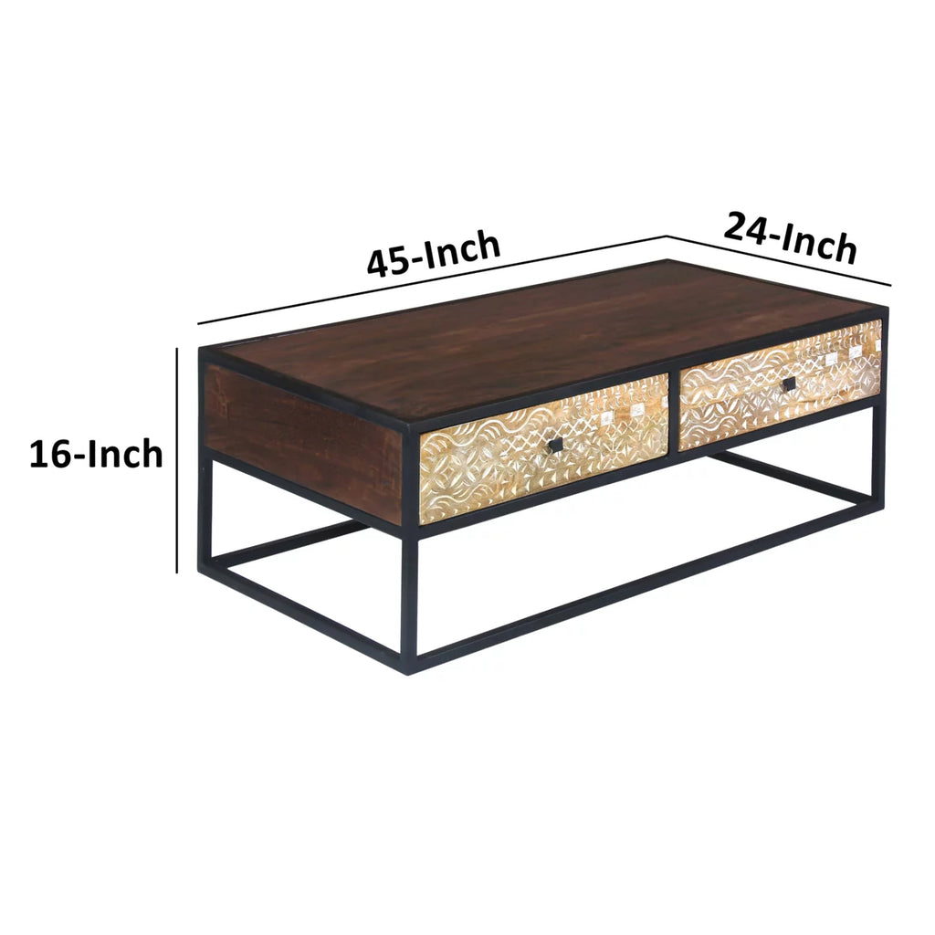 45 Inch Mango Wood Coffee Table with Metal Frame and 2 Drawers Z831