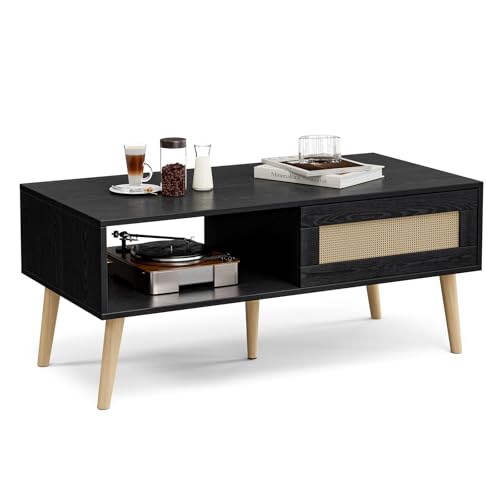 Storage Coffee Table with Rattan Drawer and Solid Wood Legs I10670