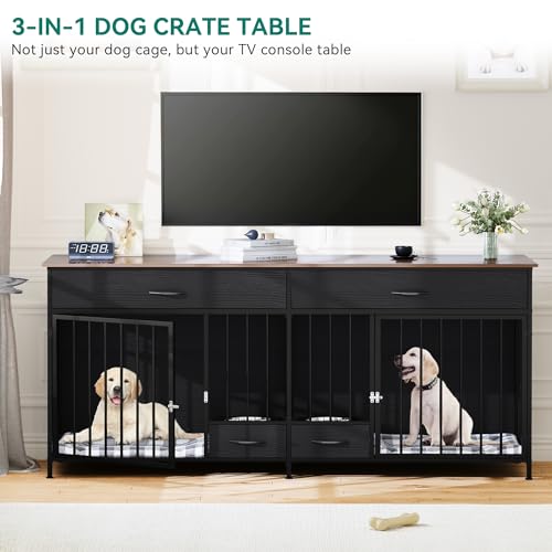 Brown Wooden Double Dog Crate TV Stand with Storage R580955