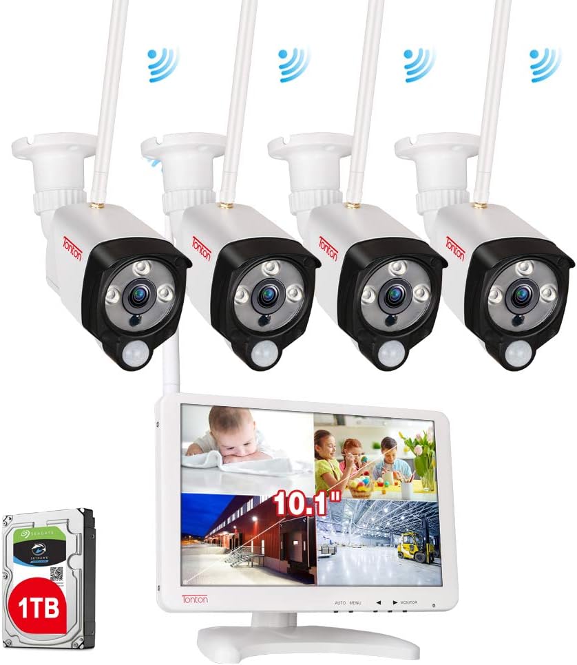 Wireless All-in-One Security Camera System with 16 Inch Monitor, 8CH WiFi NVR with 1TB HDD, 4PCS 3MP Outdoor Bullet IP Cameras with PIR Sensor, Floodlight, Black C4753