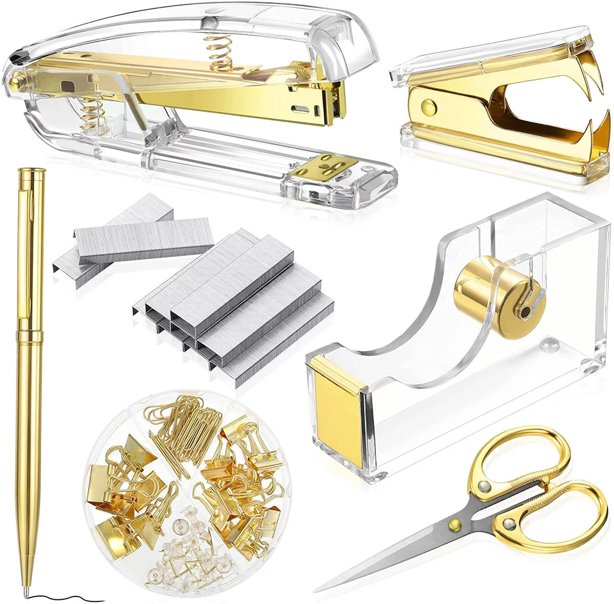 Acrylic Office Supplies Set with Stapler Tape Dispenser Binder Clips Paper Clips Pen Scissors and 1000 Staples H968811