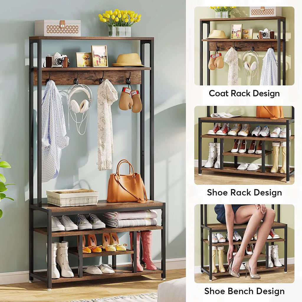 Industrial Coat Rack with Bench and Shoe Rack Q22209