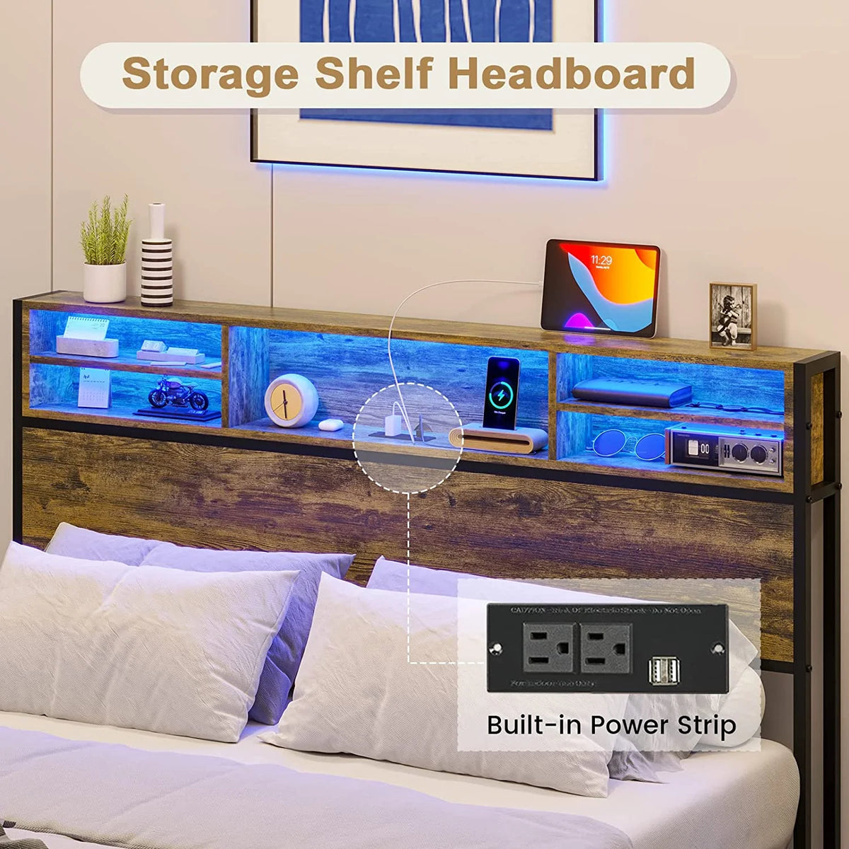 Full Size Metal Platform Bed with Storage Headboard and USB Ports D8871
