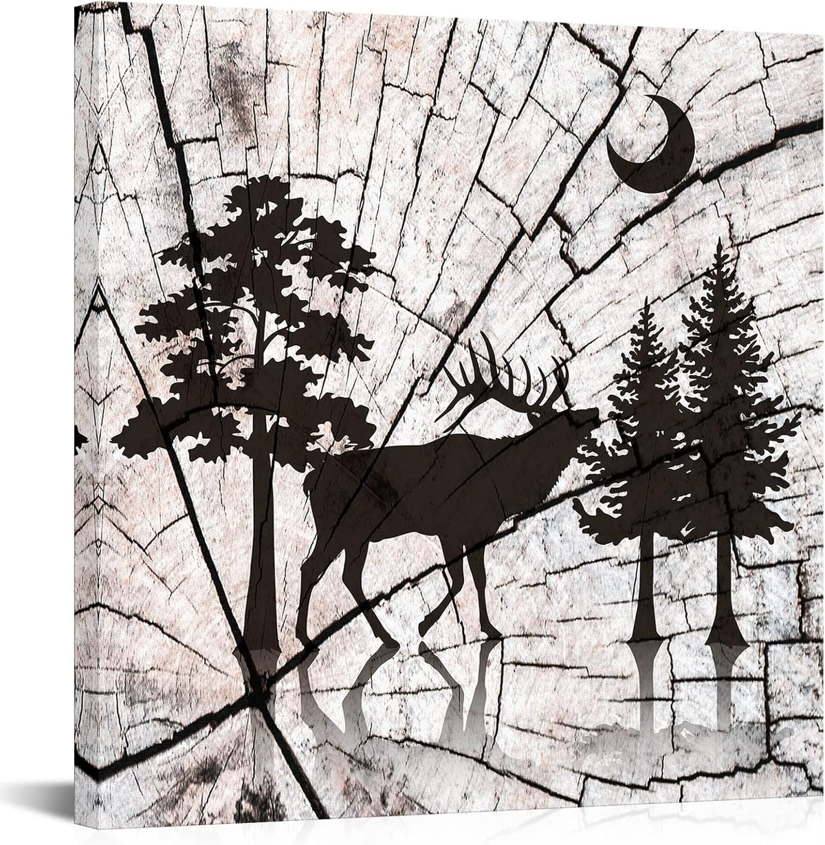 Deer in Forest Canvas Print Black Silhouette Vintage Wood Style Stretched and Framed B2339