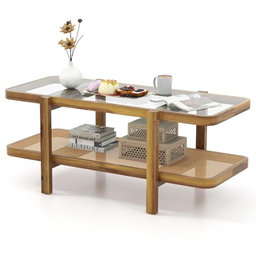 47.5" Rectangle Solid Wood Coffee Table with Tempered Glass Tabletop V9915