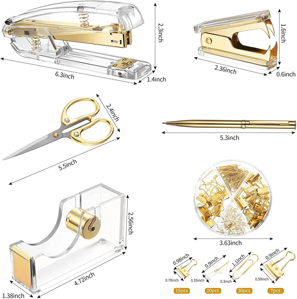 Acrylic Office Supplies Set with Stapler Tape Dispenser Binder Clips Paper Clips Pen Scissors and 1000 Staples H968811