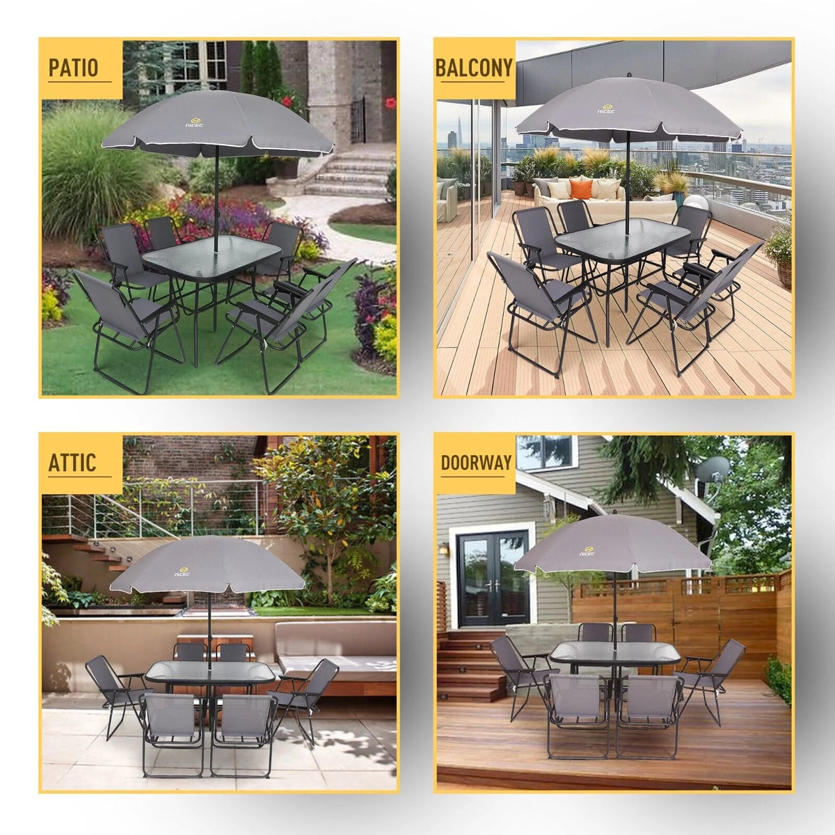 8 Piece Patio Dining Set with Umbrella and 6 Folding Chairs E792