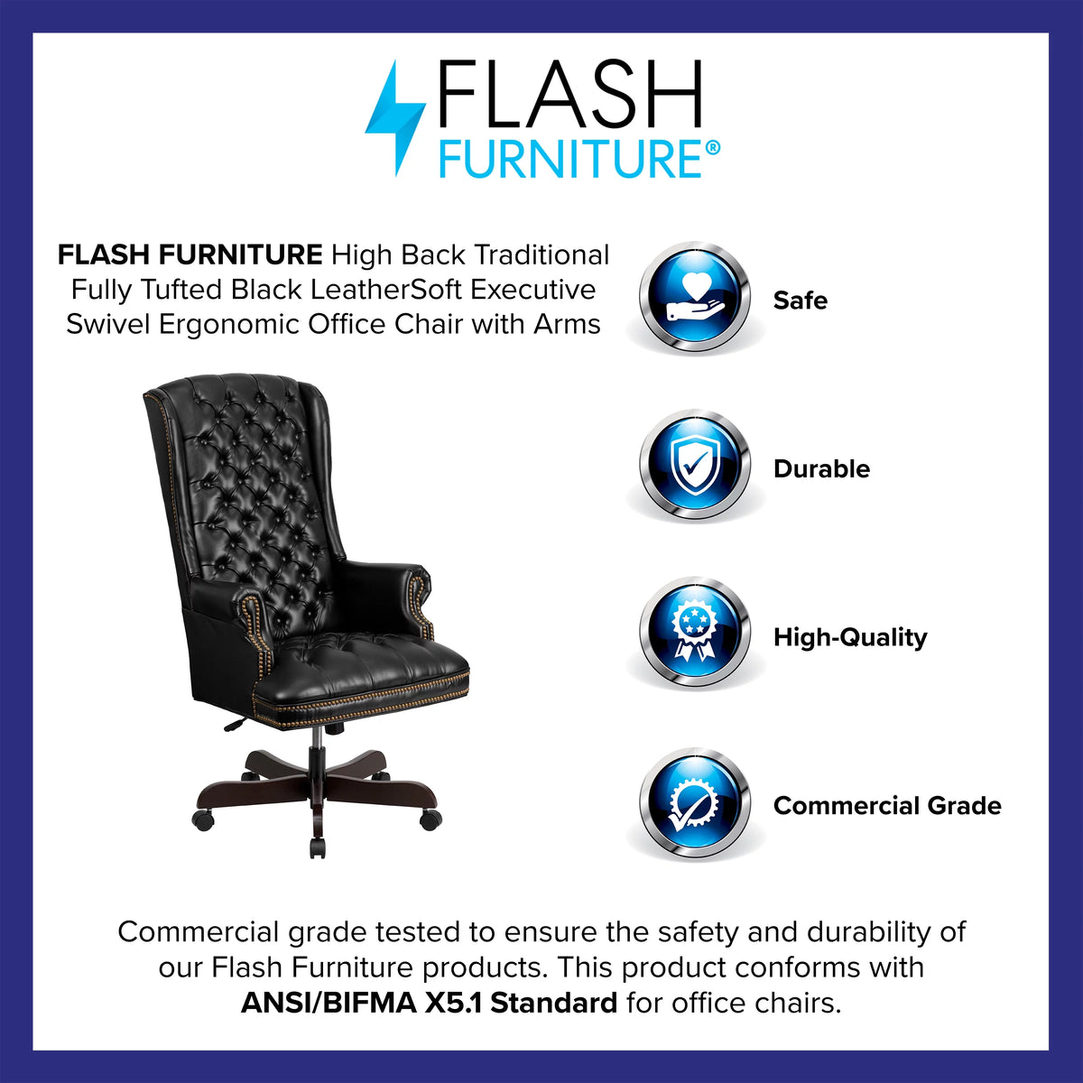 Black Tufted LeatherSoft Ergonomic Office Chair with Arms H646563