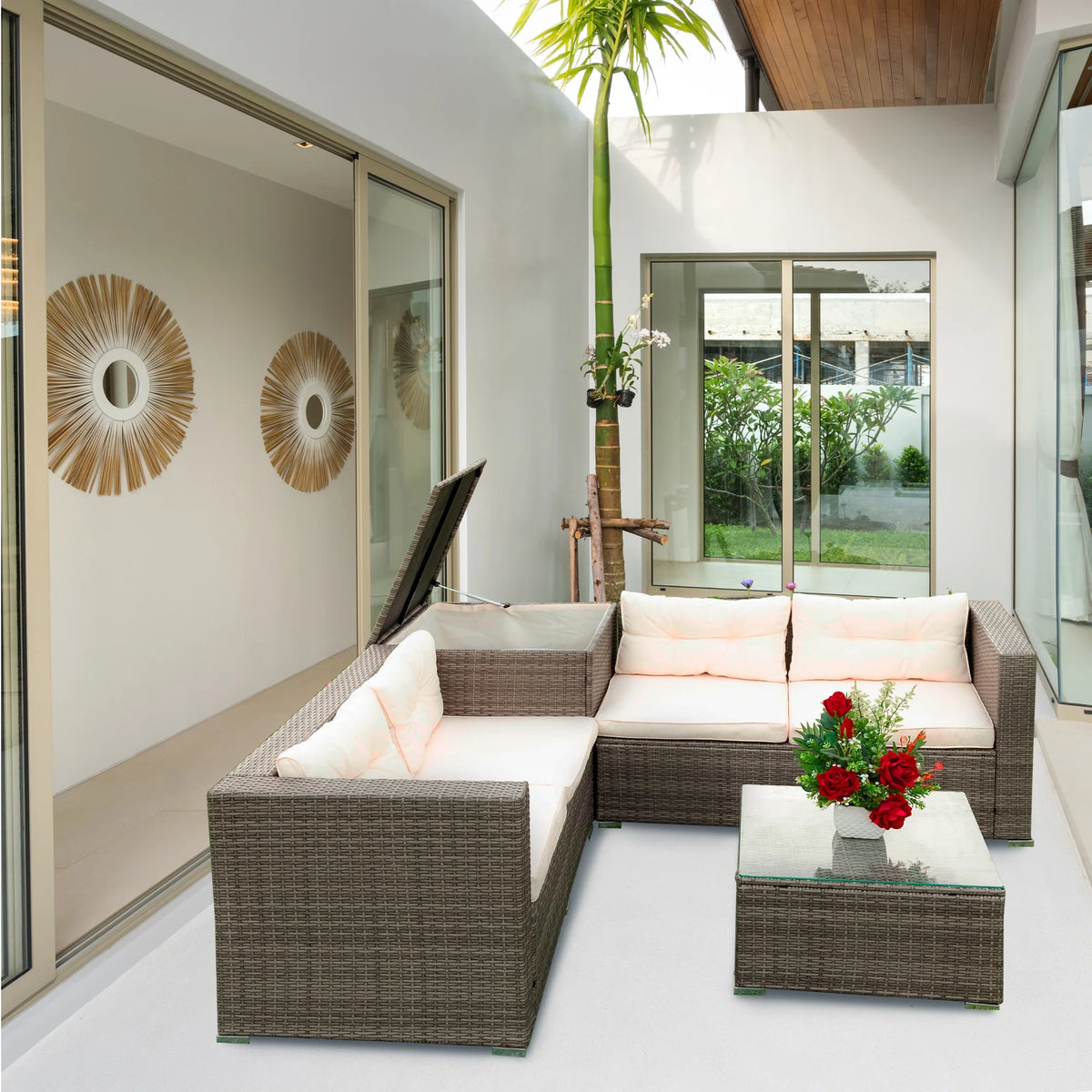 Creme 4 Piece Patio Sectional Wicker Rattan Outdoor Furniture Sofa Set with Storage Box Q8019