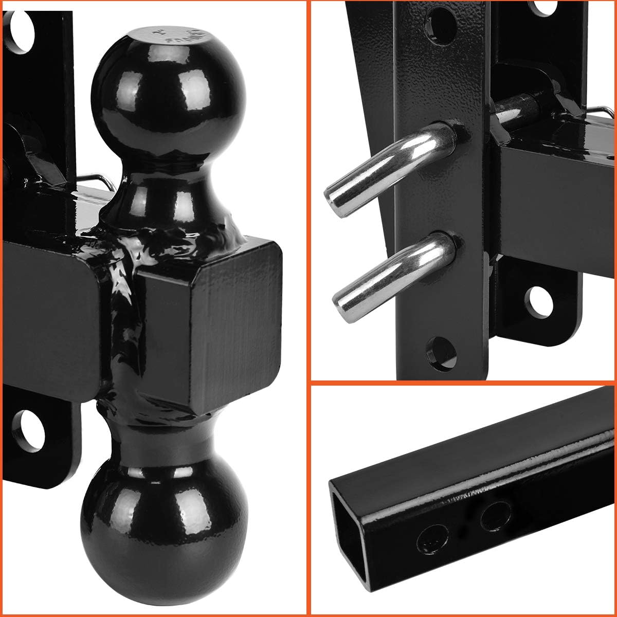 Adjustable Trailer Hitch Ball Mount, 2’’ Receiver, 8’’ Drop/Rise, Dual Balls, 10,000 lbs Capacity, Black Powder Coated Steel V1996