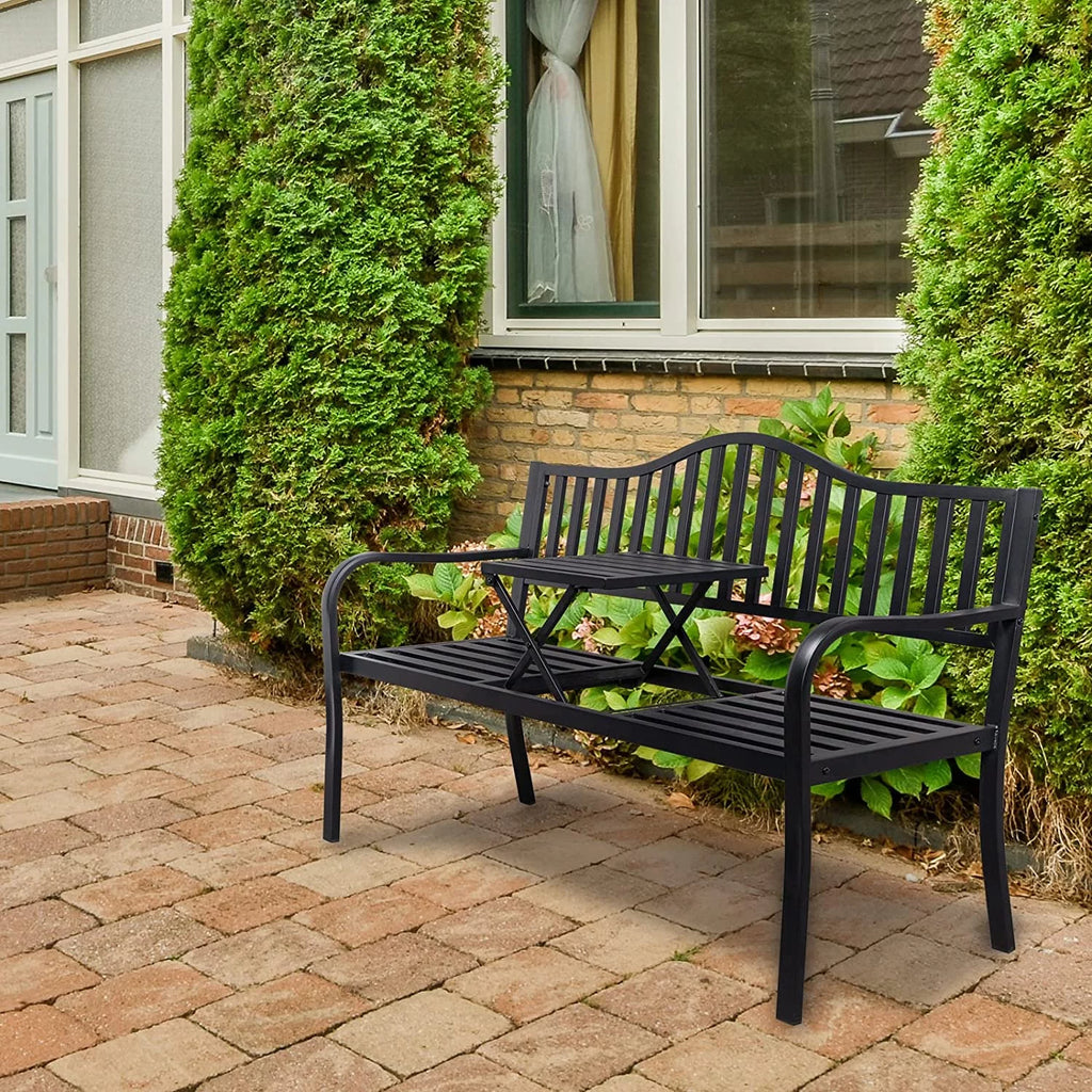 Black Outdoor Bench with Pullout Middle Table C549791