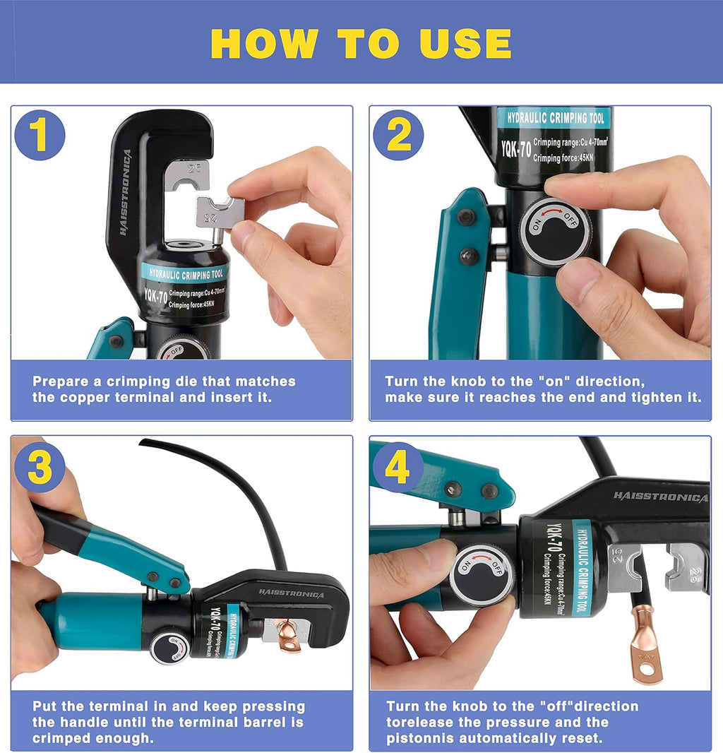 Hydraulic Battery Cable Lug Crimping Tool, AWG 12-2/0, 9 Pairs of Dies Y21054