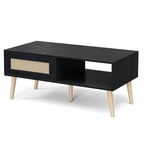 Storage Coffee Table with Rattan Drawer and Solid Wood Legs I10670