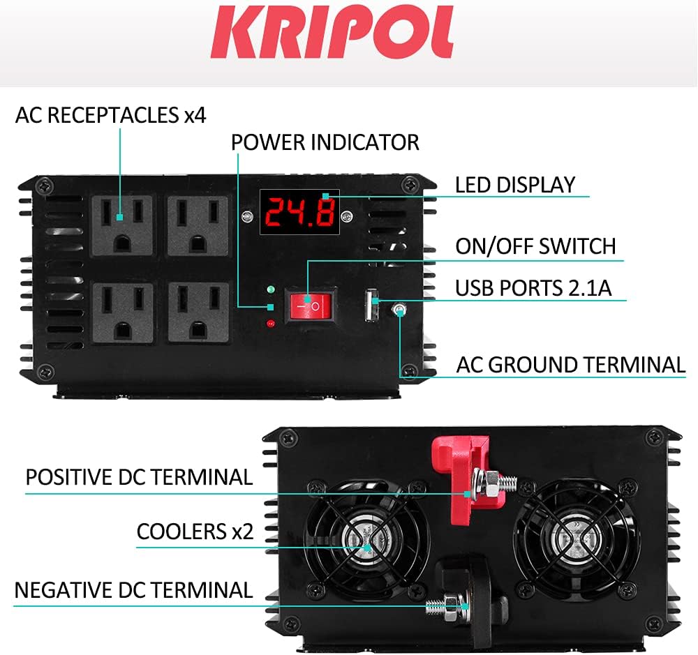 1500 Watt Pure Sine Wave Power Inverter 24v DC to 110/120v AC 60HZ with 4 AC and 1 USB Output O68773