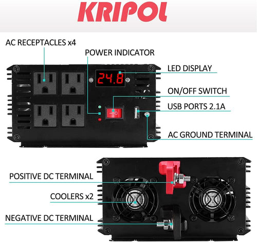 1500 Watt Pure Sine Wave Power Inverter 24v DC to 110/120v AC 60HZ with 4 AC and 1 USB Output O68773