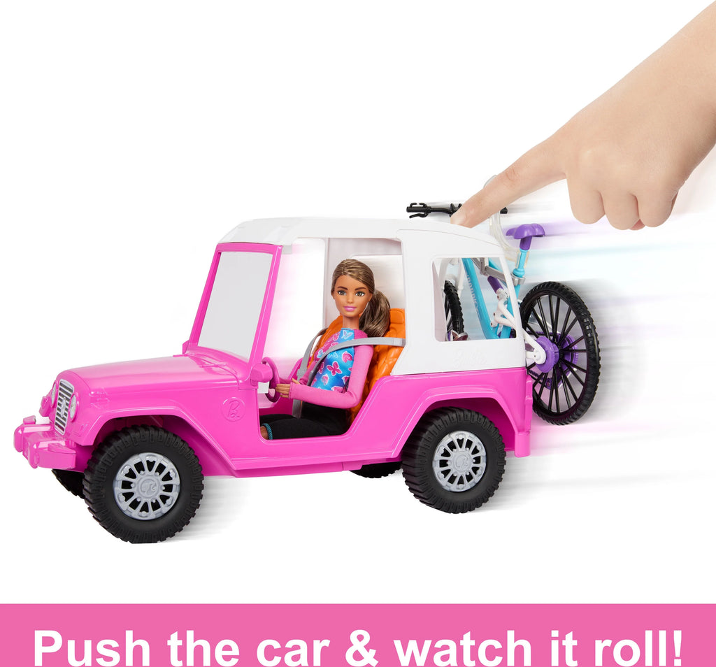 Doll, Mountain Bike, Car Bundle with Pink Jeep, Bike Rack and Helmet D26168